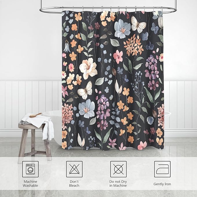 Black Floral Shower Curtain, Botanical Wildflower Dark Fabric Shower Curtain Set with Hooks, Flower Leaf Bath Curtain Boho Vintage Rustic Shower Curtains Moody Maximalist Bathroom Decor, 72x72