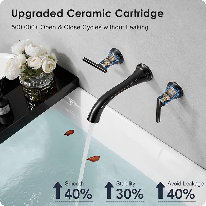 Oil Rubbed Bronze Wall Mount Tub Filler, High Flow Bath Tub Faucet 2 Handles, Brass Bathtub Faucets with 8 Inch Long Spout Reach, Rough-in Valve