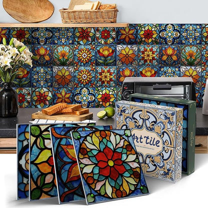 Easy Peel Stick wall Tile Stickers 6x6in Stick on backsplash Tiles,12Pcs | removable 3D tile for kitchen RV bathroom laundry backsplash decor,Ultra-high-definition printed Stained Glass pattern