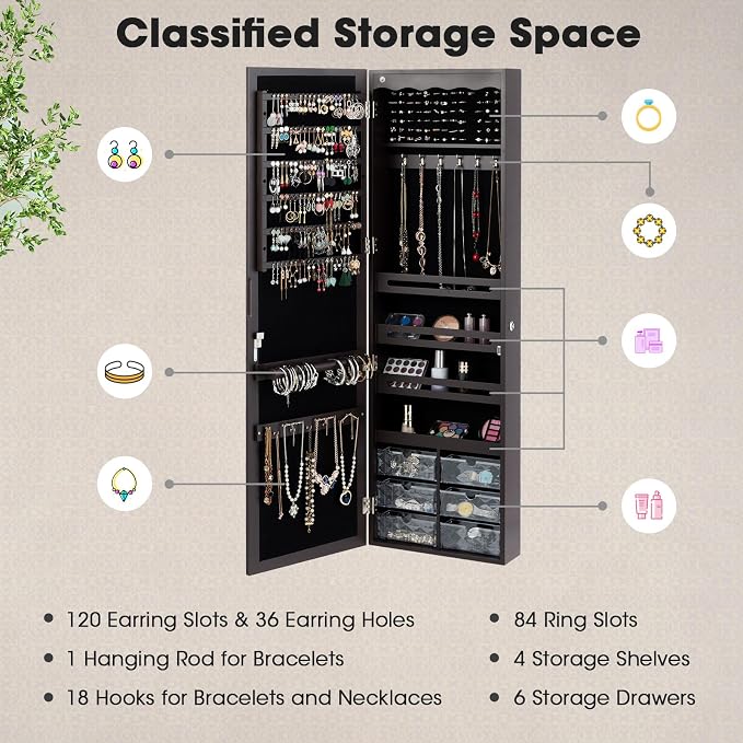 LOKO Lockable Wall-Mounted Mirror Jewelry Cabinet, Tall Jewelry Organizer with 5 LEDs, Large Capacity Jewelry Armoire with Full Length Mirror and 6 Drawers for Women Girls (Brown)