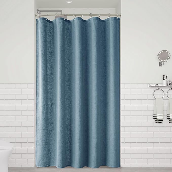 Blue Linen Shower Curtain, Cloth Textured Fabric Shower Curtain Set with Hooks, Simple Elegant Modern Farmhouse Country Ultra Thick Bath Curtains for Bathroom,Water Repellent,54x78