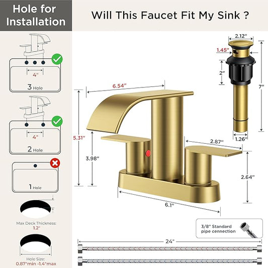 FORIOUS Brushed Gold Bathroom Sink Faucet, Waterfall 4 Inch Centerset Bathroom Faucets with Metal Pop up Drain and cUPC Hose for Basin, Vanity, RV, Lavatory 2 or 3 Hole Sink, 2 Pack