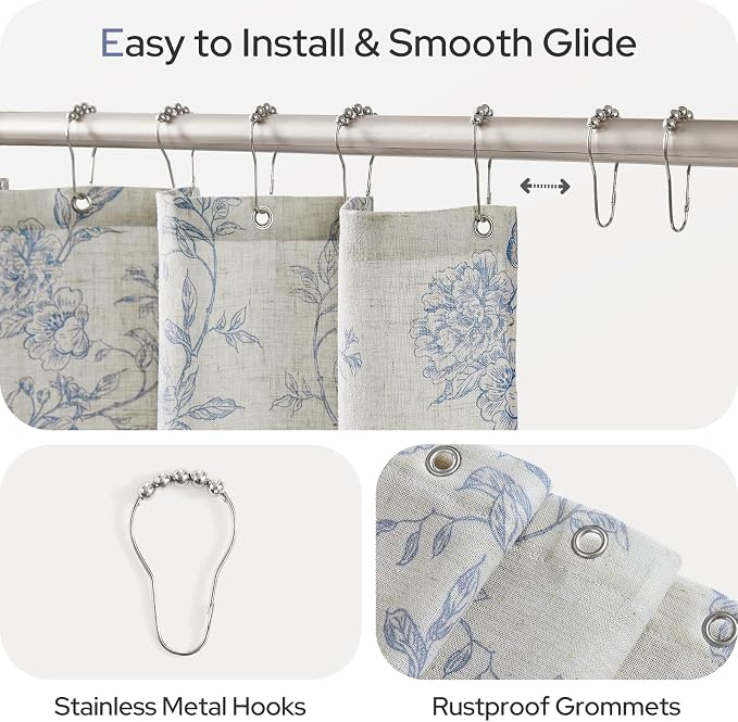 HOMEIDEAS Blue and White Floral Shower Curtain 36x72 Inch | Fresh Farmhouse Bathroom Decor,Waterproof and Machine Washable Fabric,Polyester with 12 Hooks
