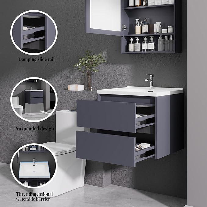 Dark Gray Floating Bathroom Vanity with Sink, 23x18 Inch Wall Mounted Bathroom Cabinet with 2 Drawers, Modern Single Sink Vanity for Small Bathroom, Space-Saving Storage Cabinet