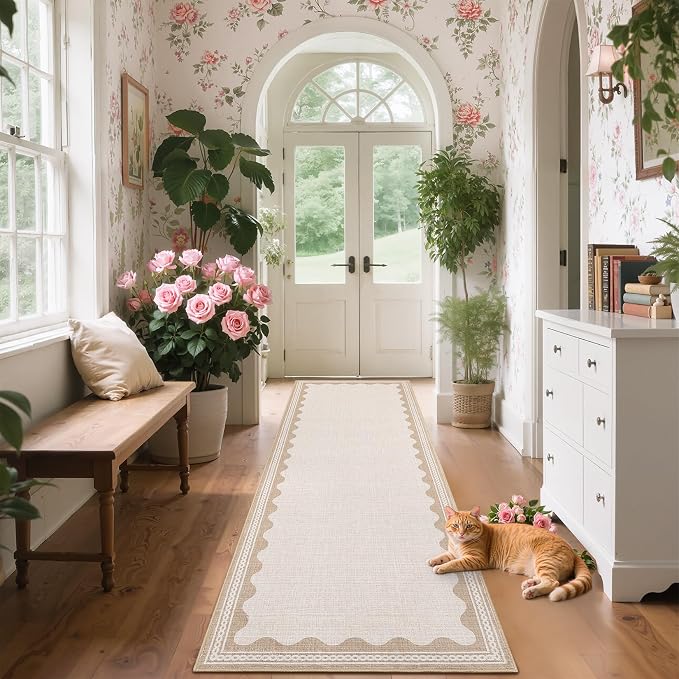 Garvee Washable Hallway Runner Rug 2x6 Runner Rug Bordered Wave Print Beige | Non Slip Entryway Rugs Foldable Non-Shedding Carpet Low Pile Stain-Resistant Indoor Soft Rugs for Laundry Kitchen Bathroom
