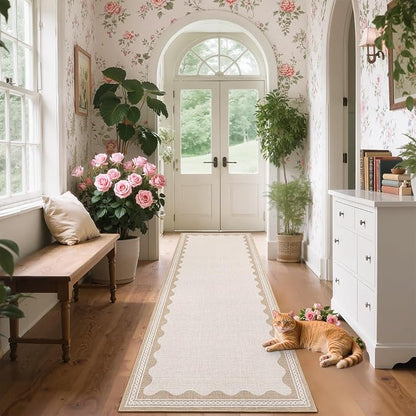 Garvee Washable Hallway Runner Rug 2x6 Runner Rug Bordered Wave Print Beige | Non Slip Entryway Rugs Foldable Non-Shedding Carpet Low Pile Stain-Resistant Indoor Soft Rugs for Laundry Kitchen Bathroom