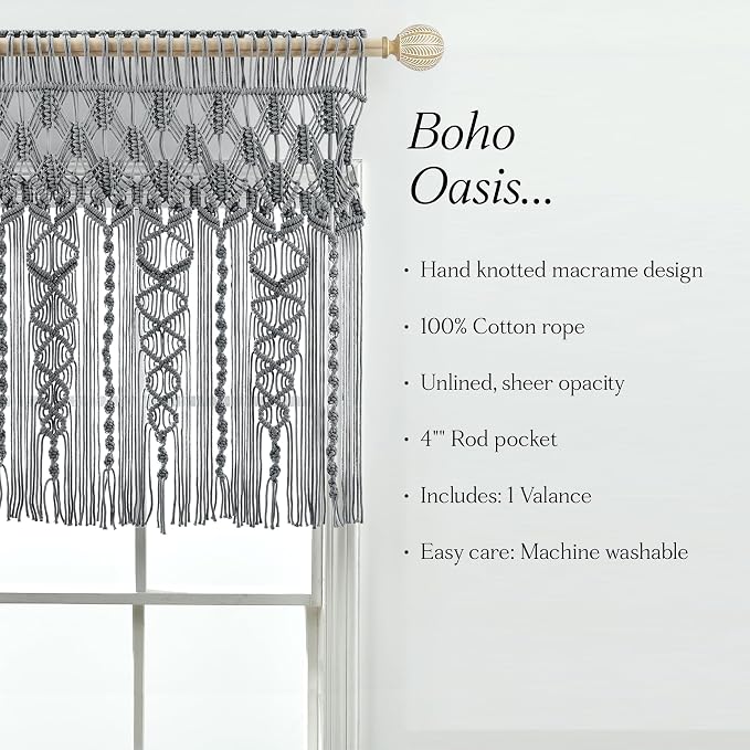 Lush Decor Boho Macrame Textured Cotton Valance, 50" W x 20" L, Gray - Boho Kitchen Curtains & Wall Decor - Macrame Valance - Bathroom Window Curtains