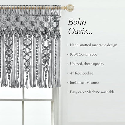 Lush Decor Boho Macrame Textured Cotton Valance, 50" W x 20" L, Gray - Boho Kitchen Curtains & Wall Decor - Macrame Valance - Bathroom Window Curtains