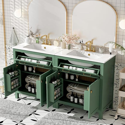 Harper & Bright Designs 60" Bathroom Vanity Set with Double Sink, Vanity Cabinet with Flip Drawer, 2 Doors, and Adjustable Shelf, Solid Wood Bathroom Cabinet with Ceramic Basin for Bathroom, Green