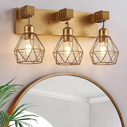 VbiTmn Bathroom Light Fixtures, 3 Light Brushed Gold Wood Vanity Lights | Farmhouse Design, Diamond Metal Shades, Easy to Install, Wall Sconces for Bathroom, Bedroom, Makeup Area, Over Vanity Mirror
