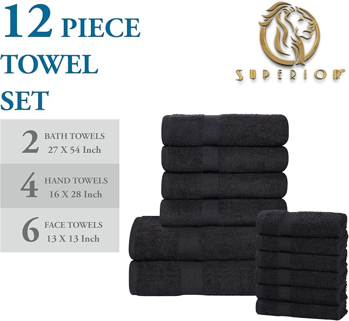 Superior 12-Piece Cotton Assorted Towel Set, Includes 6 Face Towel, 4 Hand, and 2 Bath Towels, Home, Bathroom, Guest Bath Essentials, Quick Dry, Absorbent, Franklin Collection - Black