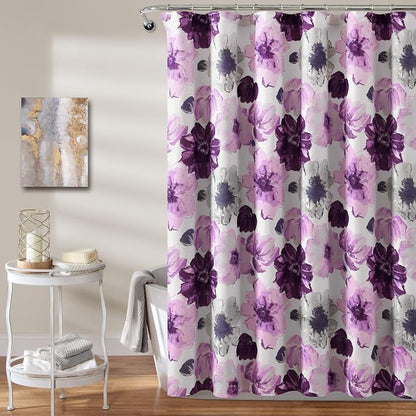 Lush Decor Leah Floral Shower Curtain, 72" W x 72" L, Gray/Purple - Fabric Shower Curtains - Watercolor Botanical Bathroom Curtain - Farmhouse & French Country Decor