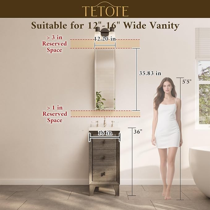 TETOTE 12 x 36 Bathroom Vanity Mirror Cabinet with Tempered Beveled Mirror White Medicine Cabinet Aluminum Cabinet DTC Hinges, Stepless Adjustable Shelves, Recessed/Surface-Mounted