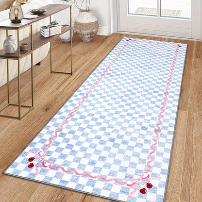 Garvee Washable Hallway Runner Rug 2x6 Non Slip, Baby Blue Checkered Cherry | Coquette Aesthetic Decor Kitchen Rugs Low Pile Entryway Rug Soft Stain Resistant Carpet for Bedroom Bathroom Hallway Laundry