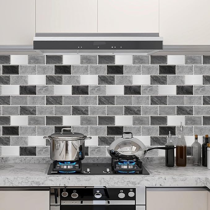 URCOLOR 10-Sheet Subway Tile Peel and Stick Backsplash for Kitchen,12"x12" Self Adhesive Wall Tiles Sticker on Back Splashes for Bathroom Gray Marble Design
