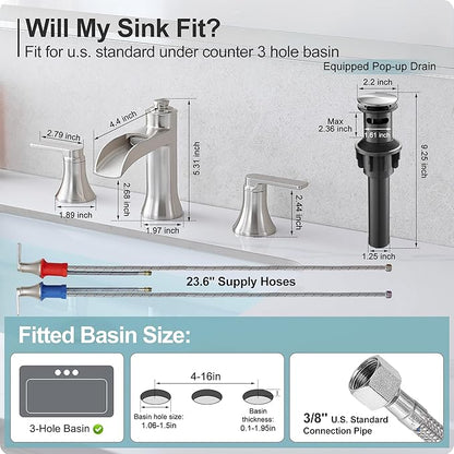 8 Inch Bathroom Waterfall Faucet, Brass Bathroom Faucet Brushed Nickel Bathroom Sink Faucets 3 Hole, 2 Handles Faucets for Bathroom Sinks with Pop-up Drain & Supply Hose
