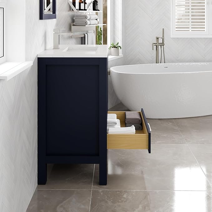 Eviva London 30 in. Blue Single Sink Bath Vanity with Carrara Quartz Top and Undermount Porcelain Sink