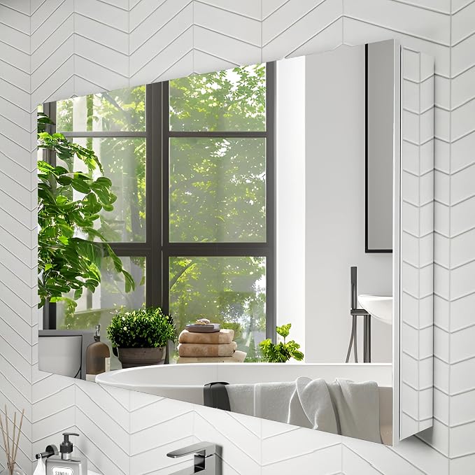 36x24 Inch Recessed Medicine Cabinet with Mirror, Aluminum Medicine Cabinet Mirror, Recessed or Surface Mount with 2 Adjustable Shelves Storage Organizer, Pre-Assembled Door, Soft-Closed System