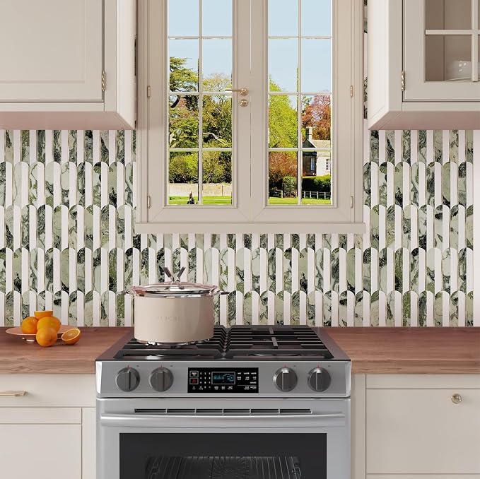 Vamos Tile Peel and Stick Backsplash Seamless Tile,Fish Scale,Glossy,10 pcs | Stick on Backsplash for Kitchen & Bathroom, White+Ice Green Marble+Light Gold PVC Self Adhesive Mosaic Tiles 11.9''x10.8''