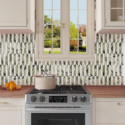 Vamos Tile Peel and Stick Backsplash Seamless Tile,Fish Scale,Glossy,10 pcs | Stick on Backsplash for Kitchen & Bathroom, White+Ice Green Marble+Light Gold PVC Self Adhesive Mosaic Tiles 11.9''x10.8''