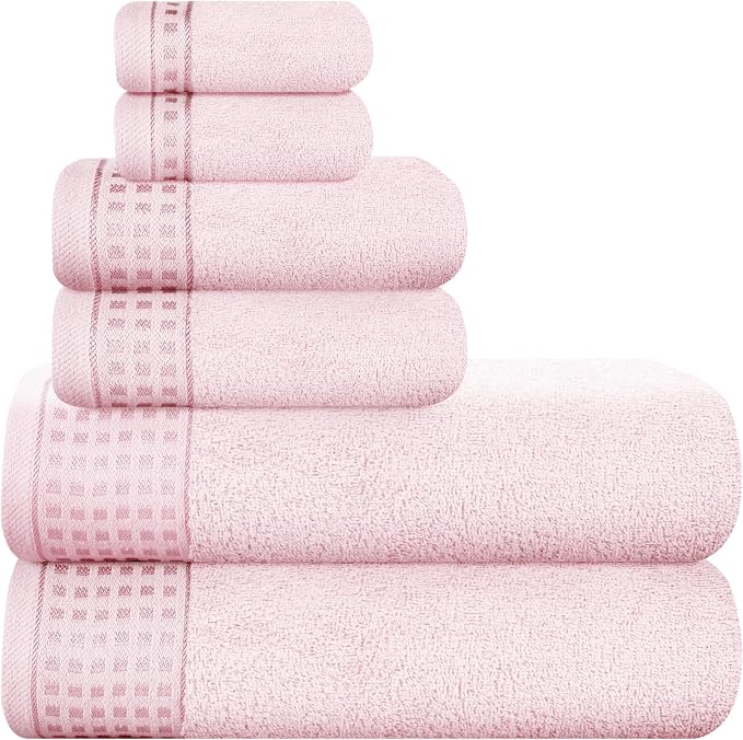 GLAMBURG 100% Cotton Ultra Soft 6 Pack Towel Set, Contains 2 Bath Towels 28x55 Inches, 2 Hand Towels 16x24 Inches & 2 Wash Coths 12x12 Inches, Compact Absorbent Lightweight & Quickdry - Pink