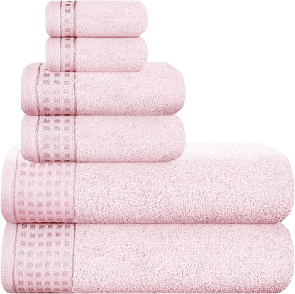 GLAMBURG 100% Cotton Ultra Soft 6 Pack Towel Set, Contains 2 Bath Towels 28x55 Inches, 2 Hand Towels 16x24 Inches & 2 Wash Coths 12x12 Inches, Compact Absorbent Lightweight & Quickdry - Pink