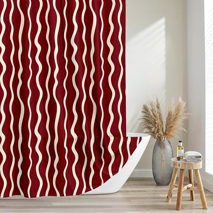Tititex Cute Curvy Wavy Lines 140gsm Faux Linen Fabric Shower Curtain, Elegant Burgundy Red Wave Striped Shower Curtain Sets Decoration 72x72 Inch with Hooks