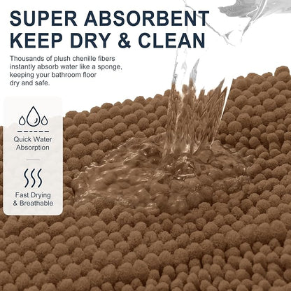 Smiry Thick Chenille Bathroom Runner Rugs 44x24, Absorbent Bath Mat, Mocha | Quick‑Dry & Machine Washable, Non‑Slip Bath Carpet, Soft Striped Bath Rugs for Tub & Shower, Modern Home Decor Accessories