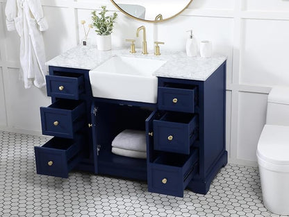 48" Pre-Assembled Bathroom Vanity with Sink, Solid Birch and MDF, Carrara White Marble Countertop Attached, Single Rectangle Porcelain Sink, 6 Soft-Close Drawers, Blue