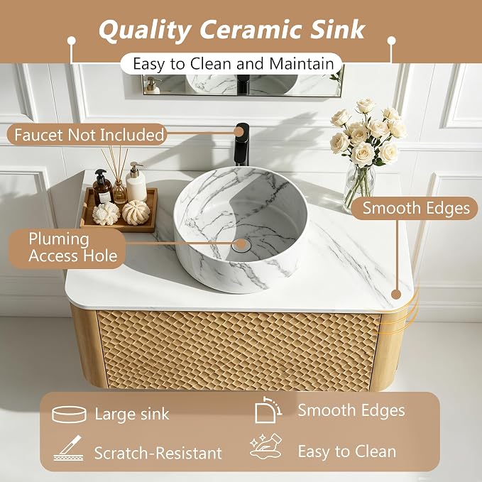 42 Inch Modern Bathroom Vanity with Ceramic Sink, Floating Bathroom Sink Cabinet with Sintered Stone Top&Solid Wood Hammered Frame, Single Bathroom Vanities w/Soft-Close Drawer&Side Open Cube