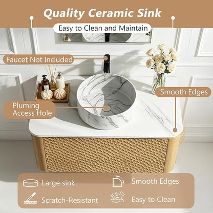 30 Inch Modern Bathroom Vanity with Ceramic Sink, Floating Bathroom Vanity Cabinet with Sintered Stone Top&Solid Wood Hammered Frame, Single Sink Bathroom Vanities w/Soft-Close Drawers,Natural