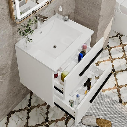 24 Inch Floating Bathroom Vanity with Sink, Fluted Drawers - Modern Wall Mounted Storage Cabinet, Black Handles & Soft-Close Drawers for Small Space Luxury(White with Sink, 24")