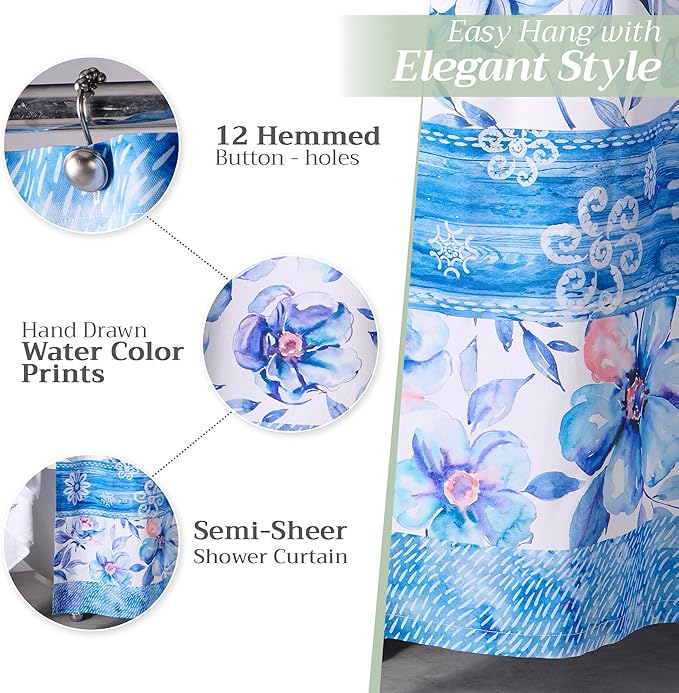 Maison d' Hermine Shower Curtain 100% Cotton One Panel 70"x72" Washable Fabric Shower Curtains for Bathroom, Easy Hanging with 12 Button Holes - Home Hotel Spa Easter Gifts (Summer Blues)