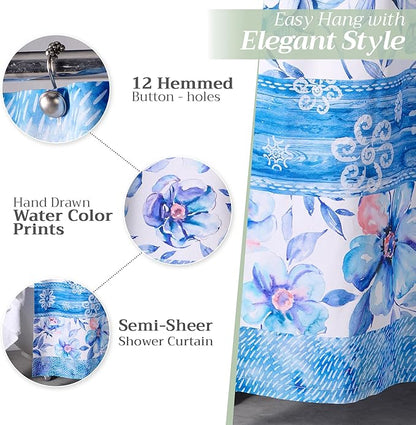 Maison d' Hermine Shower Curtain 100% Cotton One Panel 70"x72" Washable Fabric Shower Curtains for Bathroom, Easy Hanging with 12 Button Holes - Home Hotel Spa Easter Gifts (Summer Blues)