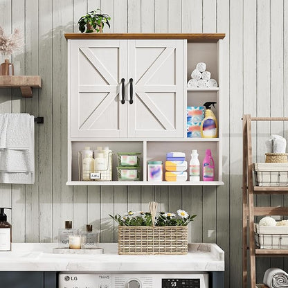 Bathroom Wall Cabinet, Farmhouse Medicine Cabinet with Double Barn Door and Adjustable Wood Shelf, Over The Toilet Storage Cabinet for Wall Mounted for Bathroom Laundry Room Kitchen (White and Brown)