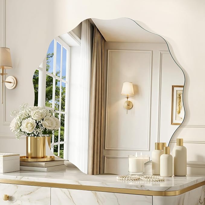 CILIBER Wavy Mirror for Wall, 28'' Scalloped Frameless Round Mirror, 3mm Tempered Glass Decorative Bathroom Vanity Mirror, Mounting/Leaning for Mantel, Living Room, Bedroom and Entryway