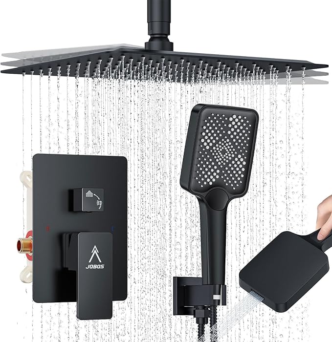 Rain Shower System 12IN Modern Brass Faucet Set With Valve and Diverter Shower Mixer With Handheld High Pressure Square Rainfall Shower Valve (12'' Ceiling Mount, Matte Black)