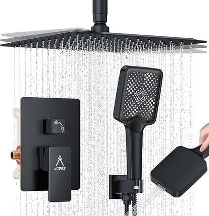 Rain Shower System 12IN Modern Brass Faucet Set With Valve and Diverter Shower Mixer With Handheld High Pressure Square Rainfall Shower Valve (12'' Ceiling Mount, Matte Black)