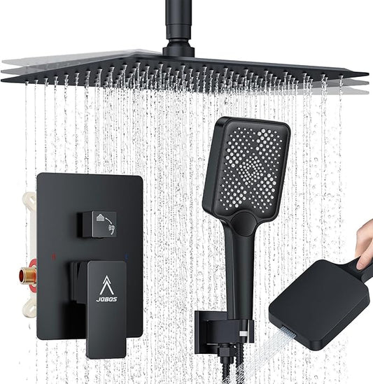 Rain Shower System 12IN Modern Brass Faucet Set With Valve and Diverter Shower Mixer With Handheld High Pressure Square Rainfall Shower Valve (12'' Ceiling Mount, Matte Black)