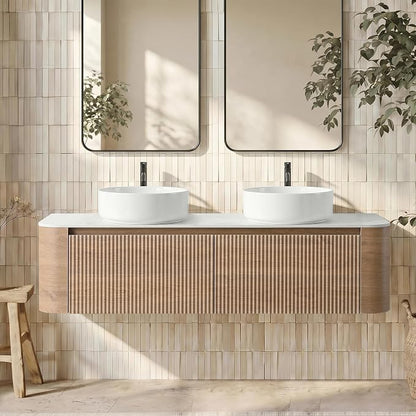 60" Floating Bathroom Vanity with Double Vessel Sink, Honey Oak | Pre-Assembled Fluted Wall Mounted Vanity with Ceramic Sink, Sintered Stone Countertop, Soft-Close Drawer & Towel Rack