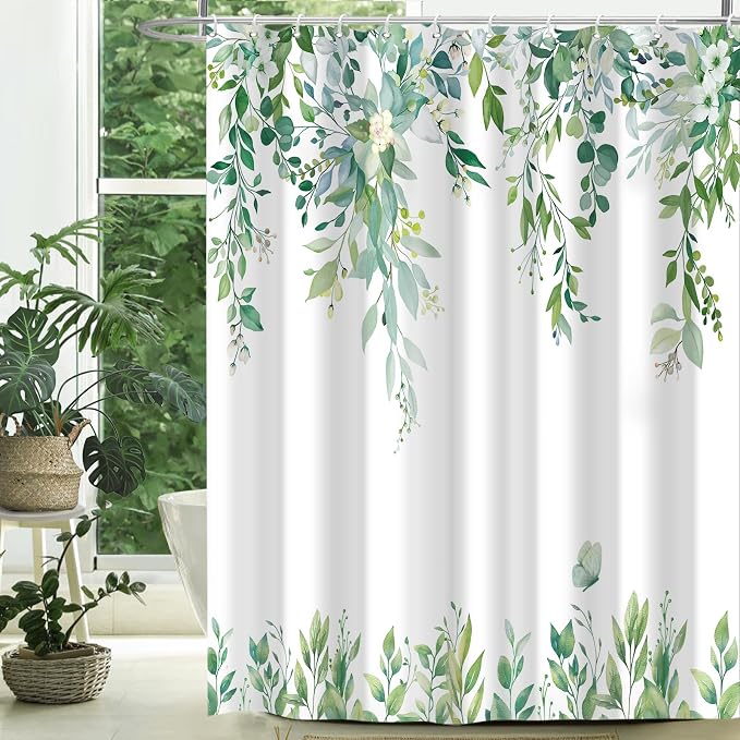 Light Green Floral Eucalyptus Shower Curtain with Hooks, 72x78 Inch | Waterproof Fabric, Watercolor Leaves and Floral, Botanical Style, Machine Washable, Quick-Drying, for Hotel Bathroom