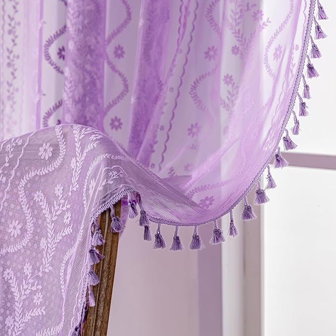 WAZZIO Purple Lace Shower Curtain for Bathroom 72" W x 72" L, Victorian Farmhouse Floral Pattern Tassel Fancy Shower Curtain Boho Washable Cloth Decorative Bath Curtains,1 Panel