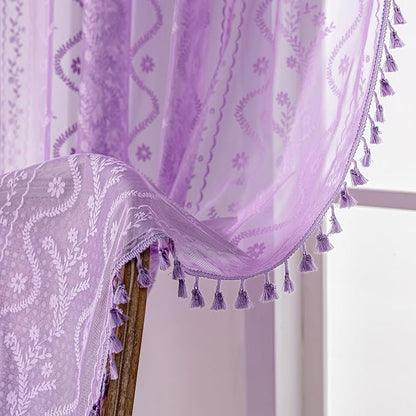 WAZZIO Purple Lace Shower Curtain for Bathroom 72" W x 72" L, Victorian Farmhouse Floral Pattern Tassel Fancy Shower Curtain Boho Washable Cloth Decorative Bath Curtains,1 Panel
