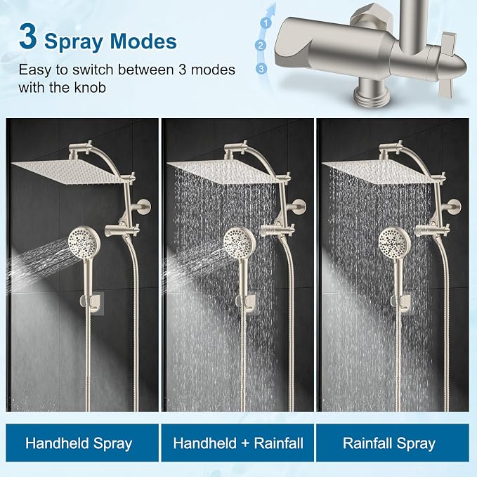 Hibbent Metal 12" High Pressure Rain Shower Head Combo, Brushed Nickel | cUPC Certified Rainfall Shower Head with handheld 10 Sprays, 16'' Adjustable Extension Arm, 71'' Hose, Showerhead Holder