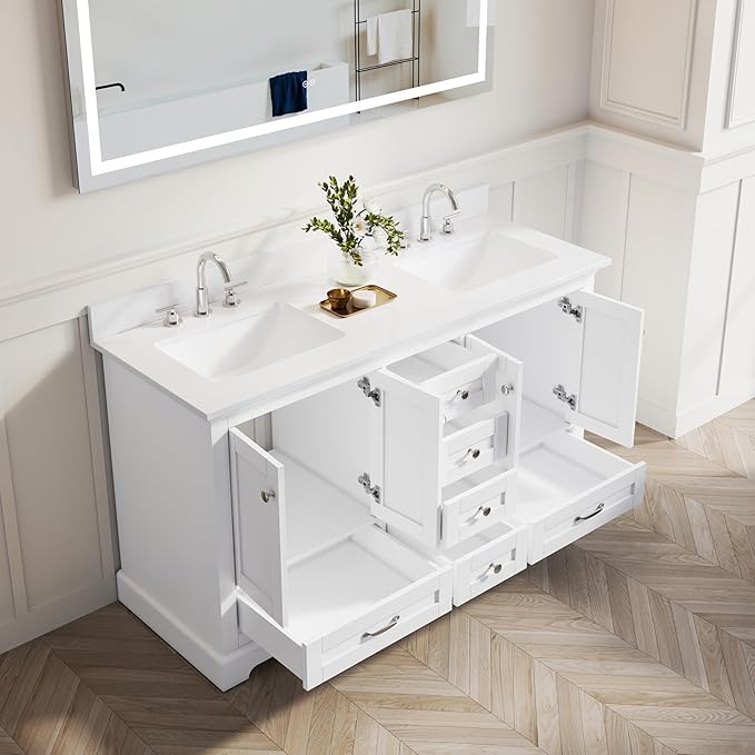 WELLFOR 60" Bathroom Vanity with Double Sinks, Bathroom Freestanding Vanity W/4 Soft-Close Doors and 6 Drawers, Large Storage Space Vanity, Engineered Stone Countertop Bathroom Vanity with Sink, White