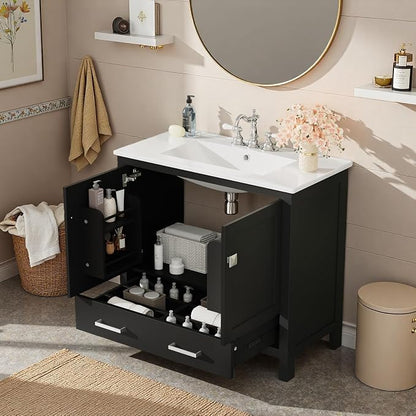 36" Freestanding Bathroom Vanity with Sink, Floor Stand Bathroom Storage Cabinet with Ceramic Sink, Doors with Double-Layered Storage Shelves, Modern Compact Vanity with Divided Drawer, Black