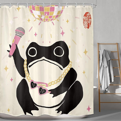 LGhtyro Funny Frog Shower Curtain Bathroom Set 60Wx71H Inches Retro Asian Style Traditional Japanese Art Cute Animal Disco Pink Light Bath Accessories Vintage Art Home Decor Fabric 12 Pack Hooks