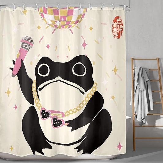 LGhtyro Funny Frog Shower Curtain Bathroom Set 60Wx71H Inches Retro Asian Style Traditional Japanese Art Cute Animal Disco Pink Light Bath Accessories Vintage Art Home Decor Fabric 12 Pack Hooks
