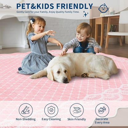 GarveeHome Washable 8x10 Area Rug Scalloped Pink Rug Modern Living Room Rugs Large Washable Girls Bedroom Rugs Abstract Bordered Carpet for Playroom Apartment Table Dorm Nursery, Pink