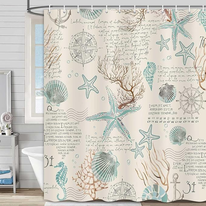 Nautical Coastal Beach Shower Curtain, Coral Starfish Seashell Ocean Bathroom Curtains, Fun Kids Bathroom Shower Curtain with Hooks Set 72 x 72 Inch